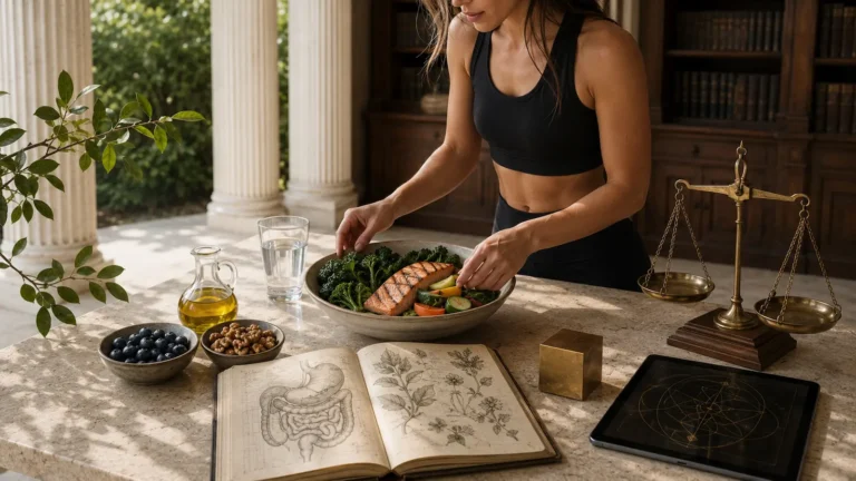 Fresh food and herbs with an open anatomy sketchbook and a brass balance scale on a marble counter