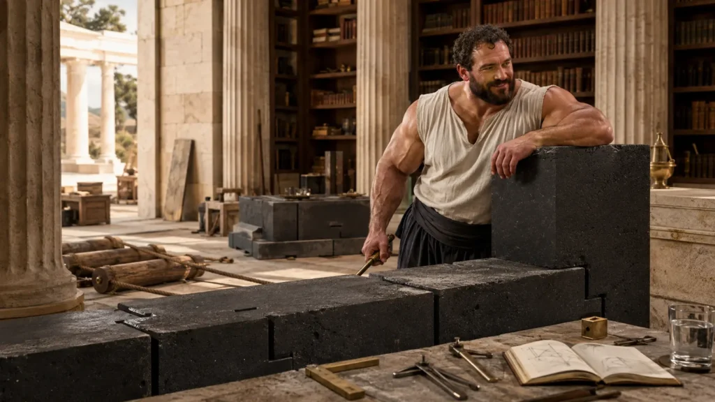 A craftsman working blocks of stone in a workshop, with hand tools and an open reference book
